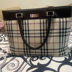 Burberry Black and Cream Tote with Leather Trim